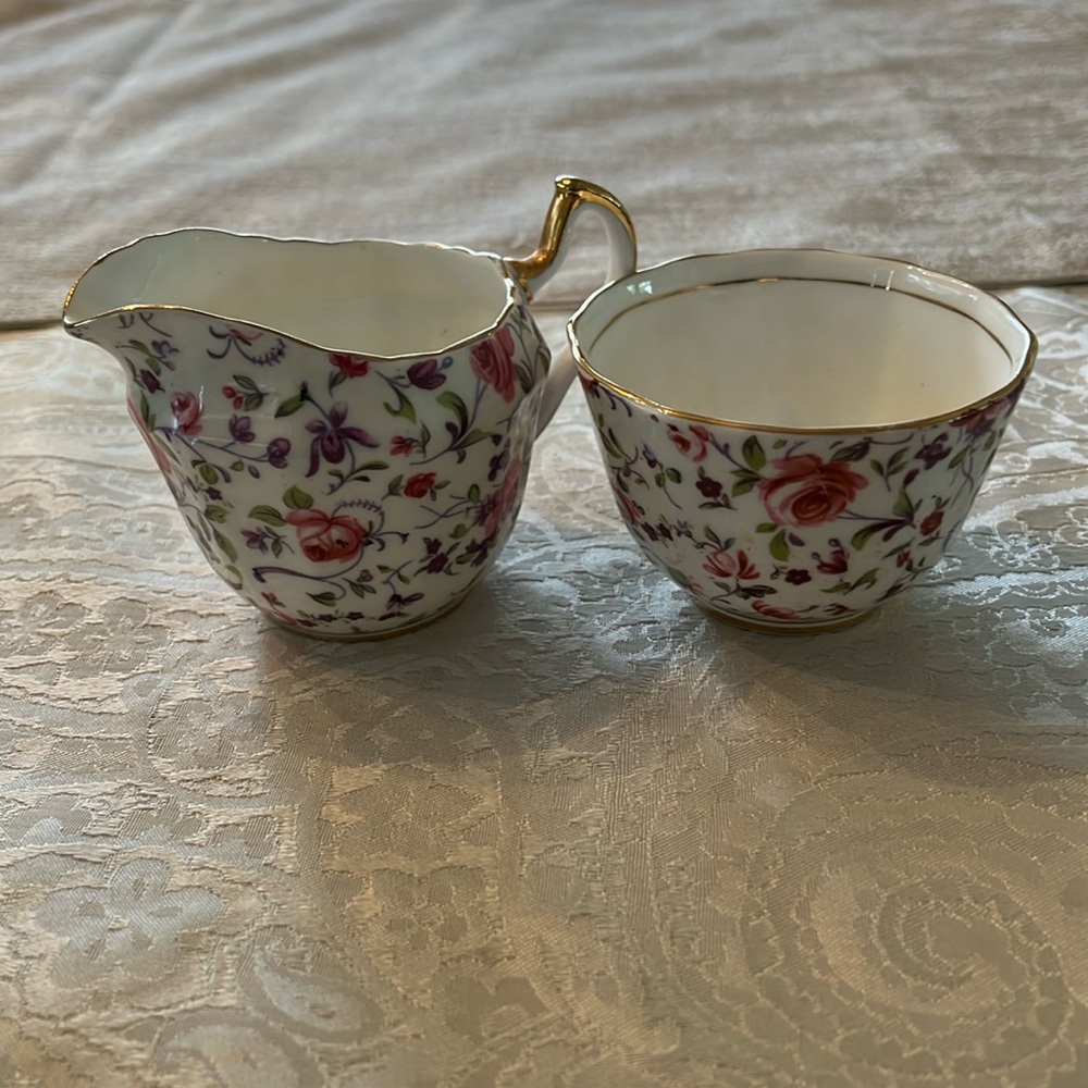 Vintage Clarence Bone China Rose Chintz Cream and Sugar Set Made in England EUC